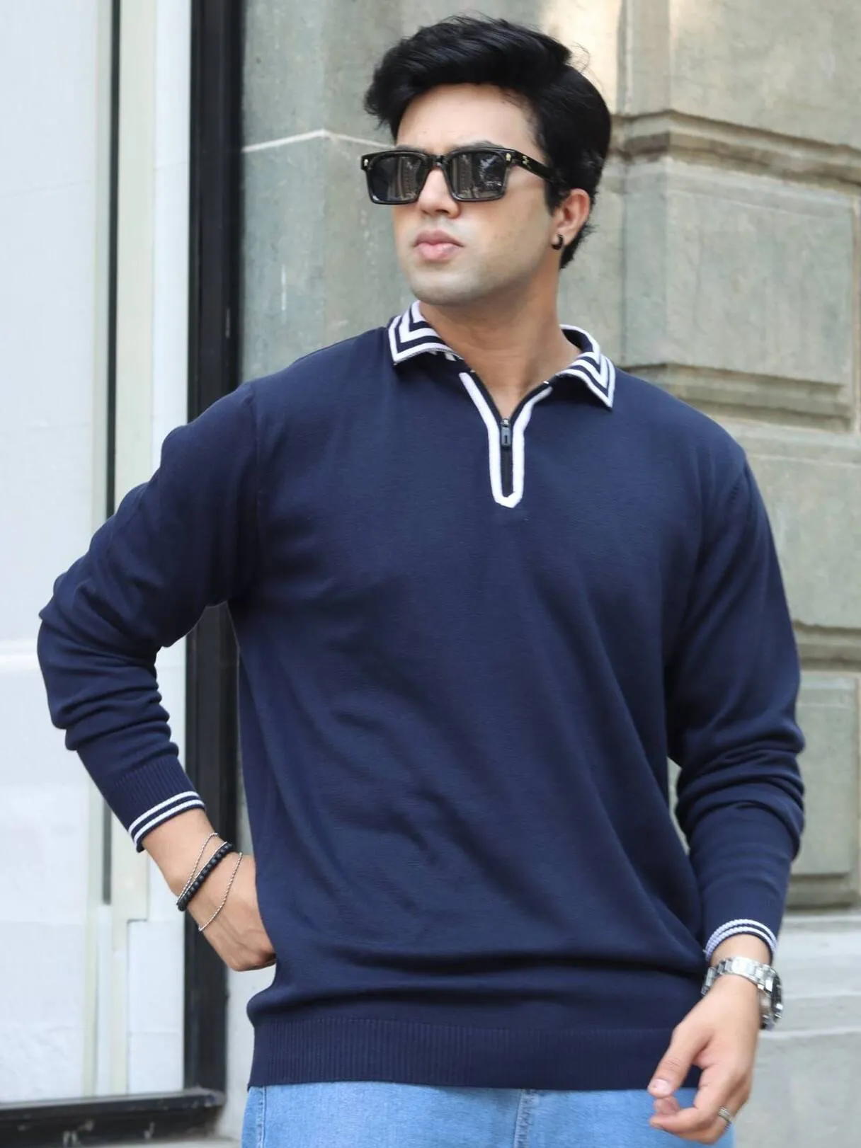 Navy Flat Knit Polo Collar T-shirt