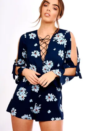 Navy Floral Print Lace Up Playsuit - Courtney