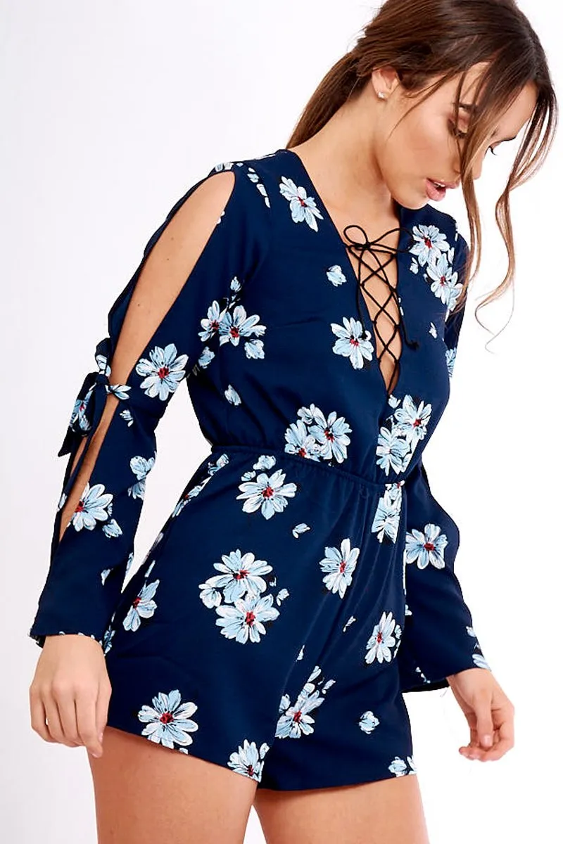 Navy Floral Print Lace Up Playsuit - Courtney