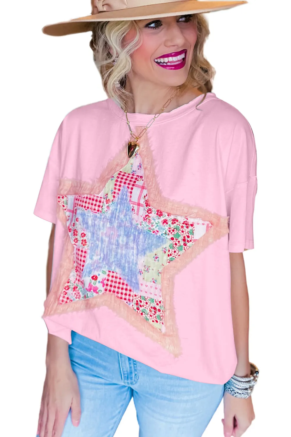 Pink Star Patchwork Loose T-shirt