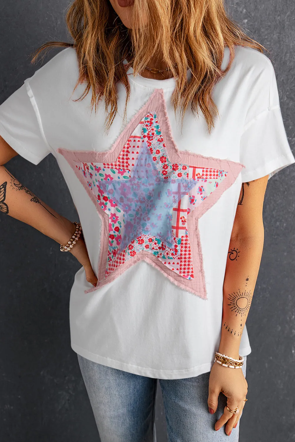 Pink Star Patchwork Loose T-shirt