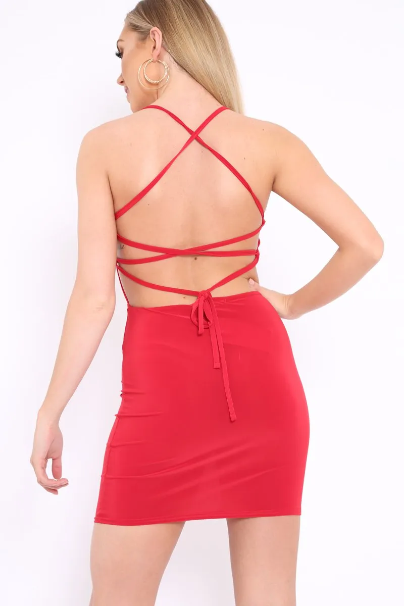 Red Slinky Lace Up Back Bodycon Dress - Jalina