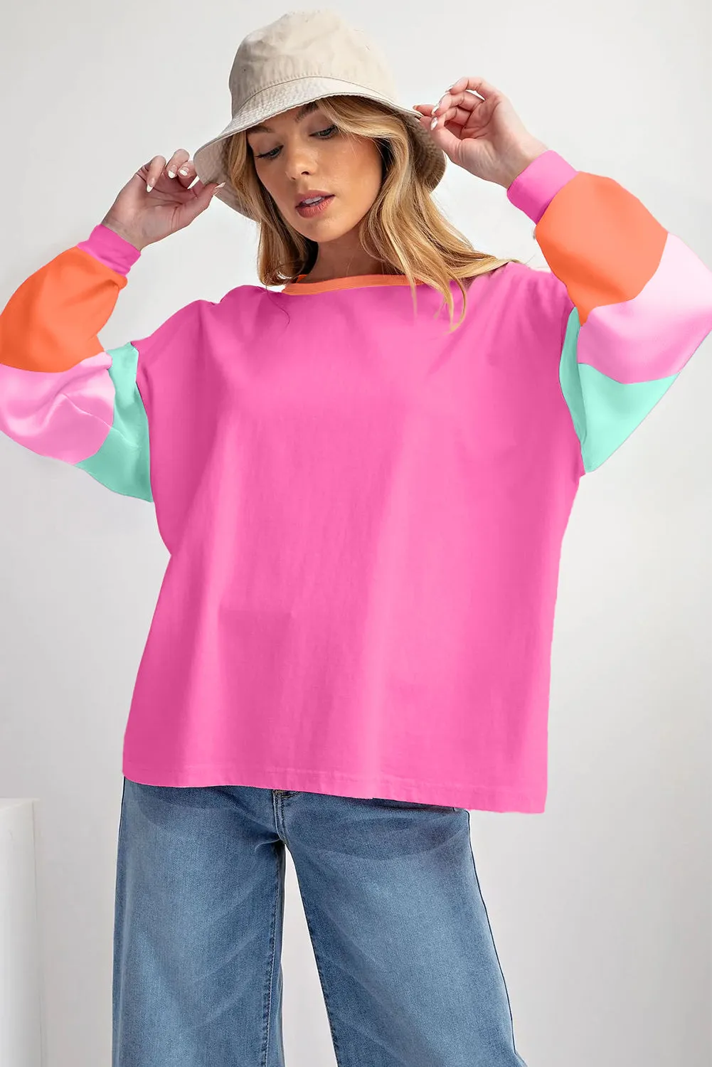 Rose Red Colorblock Patchwork Long Sleeve Loose Top