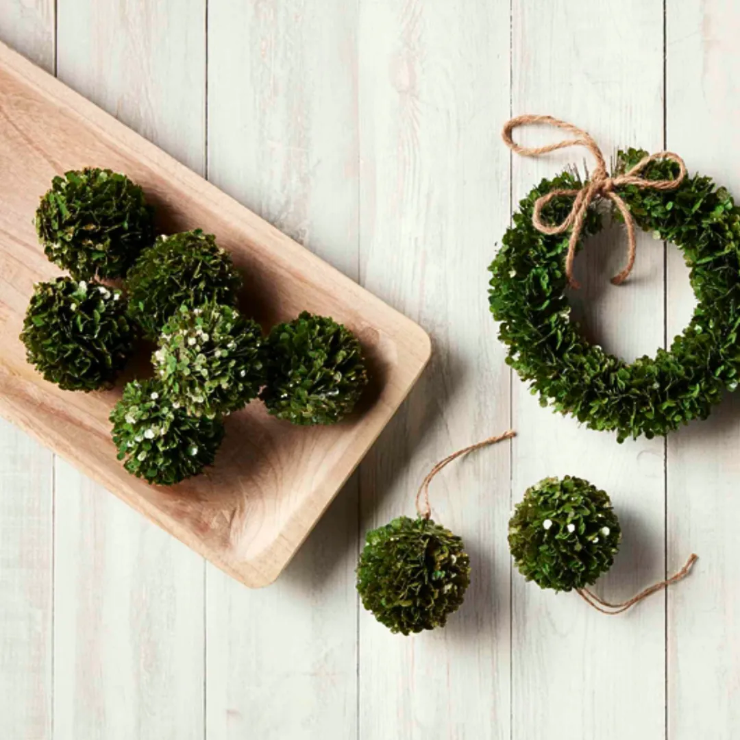 Set/6 Glitter Faux Boxwood Ball Ornaments