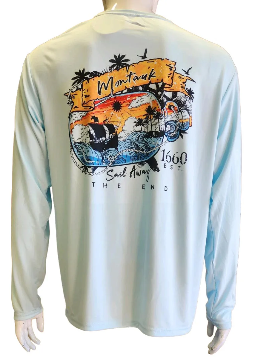 Unisex Adult Montauk The End Sail Away Est 1660 DriFit UV50 Long Sleeve Tee