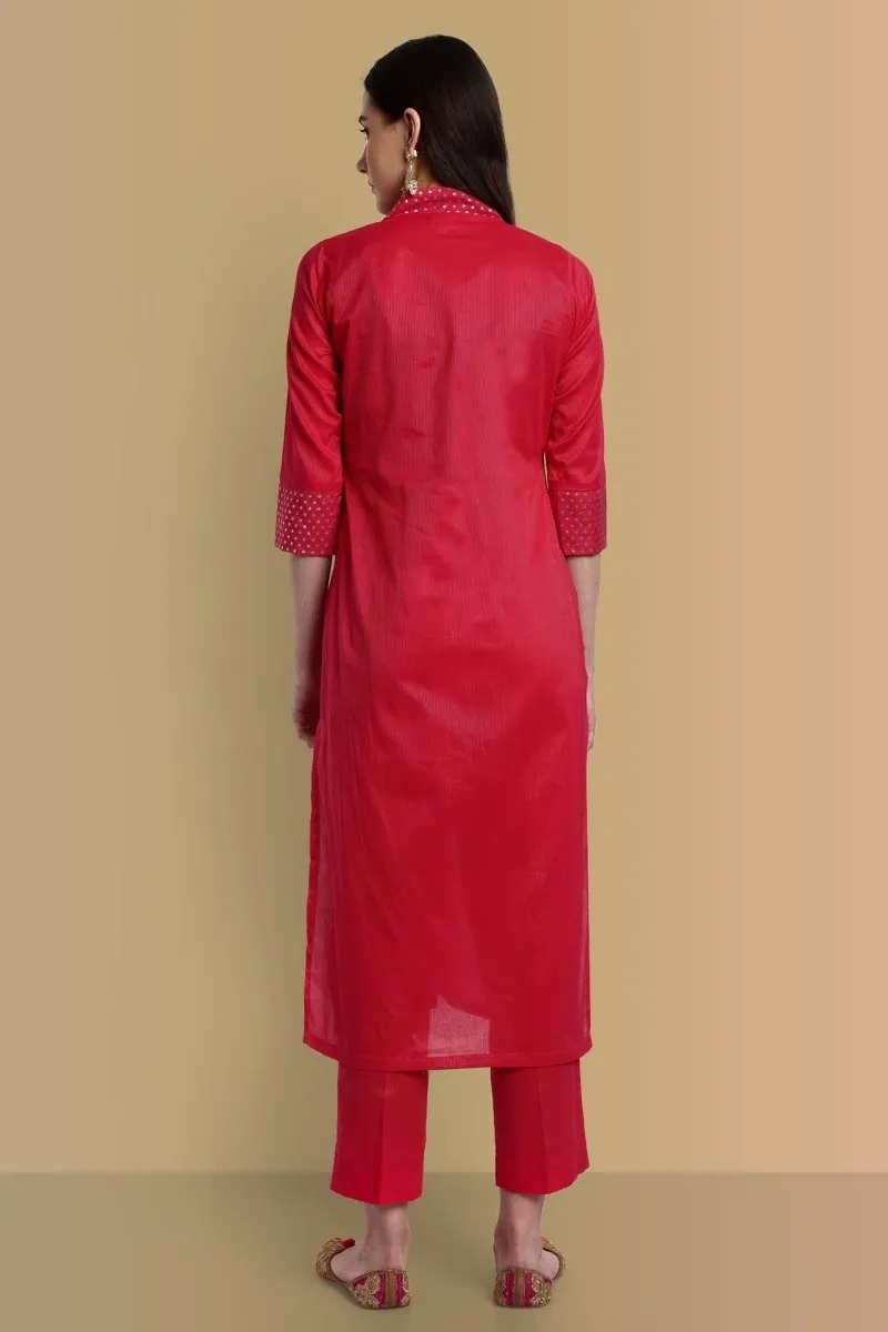 V-Neck Hot Pink Cotton Silk and Chanderi Kurta & Pant - Set of 2