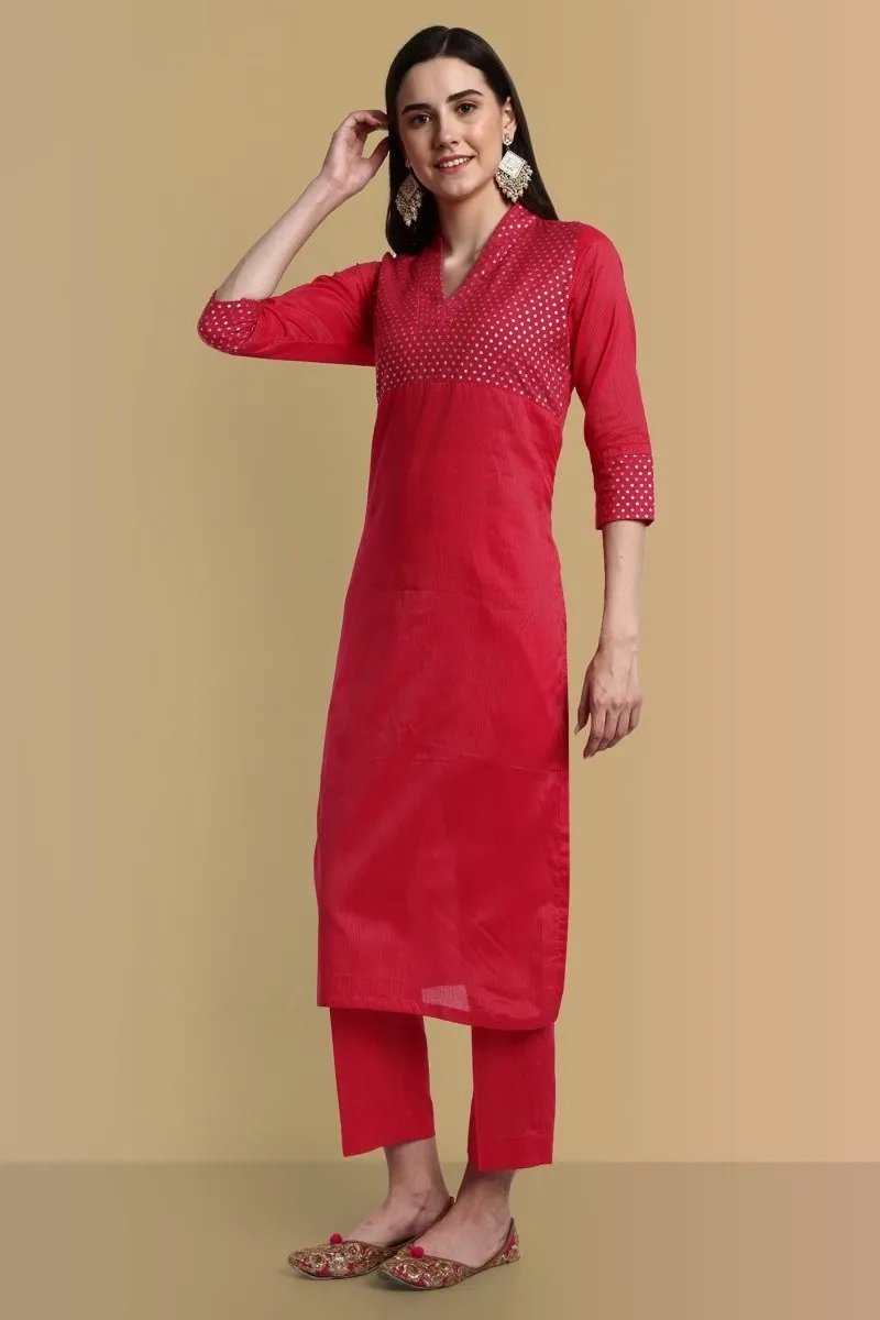 V-Neck Hot Pink Cotton Silk and Chanderi Kurta & Pant - Set of 2