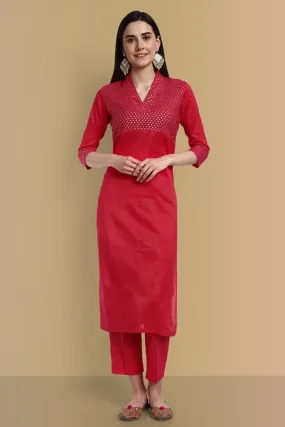 V-Neck Hot Pink Cotton Silk and Chanderi Kurta & Pant - Set of 2