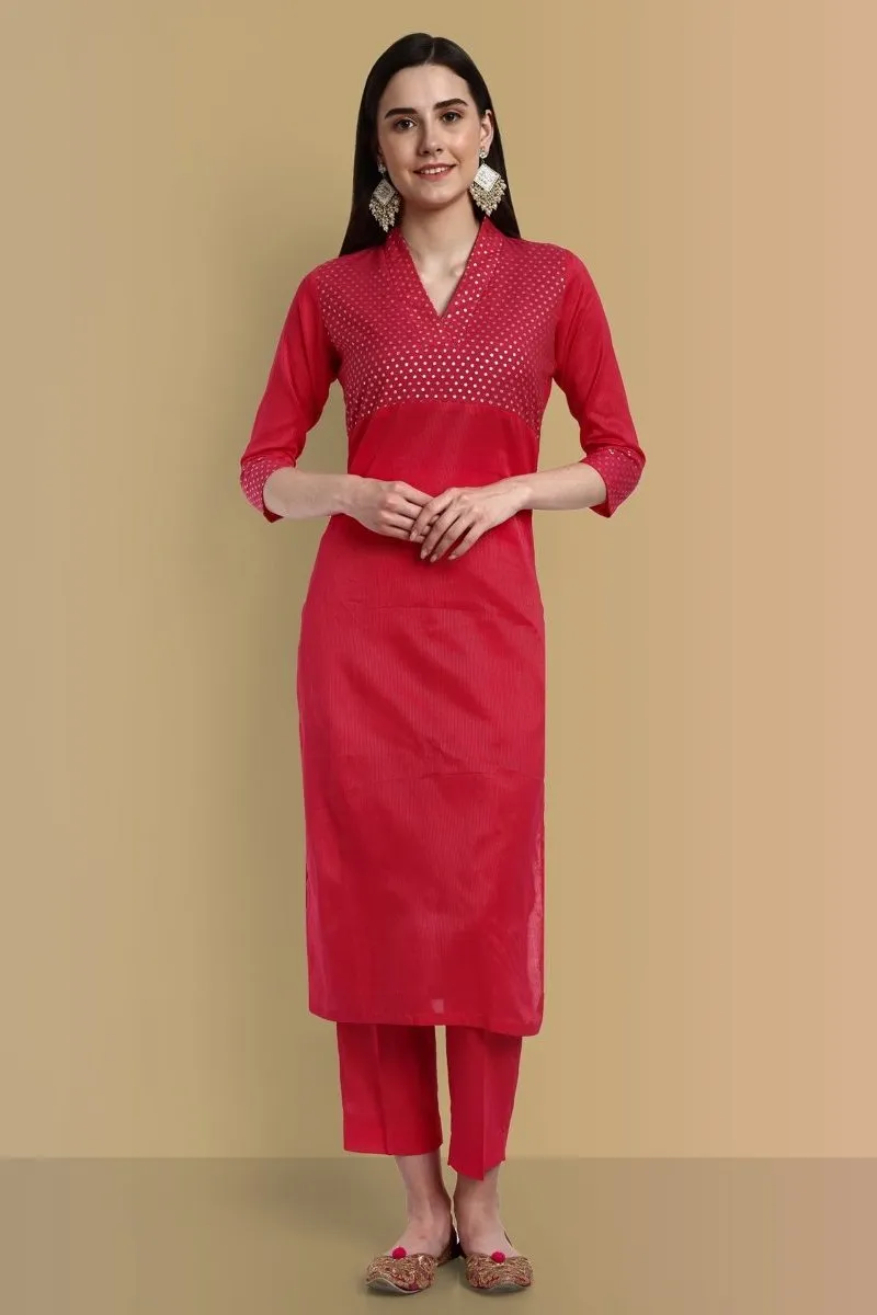 V-Neck Hot Pink Cotton Silk and Chanderi Kurta & Pant - Set of 2