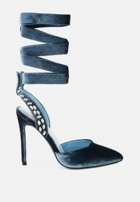 Wallis Blue Velvet Diamante Stud Tie Up Sandals By Ruw