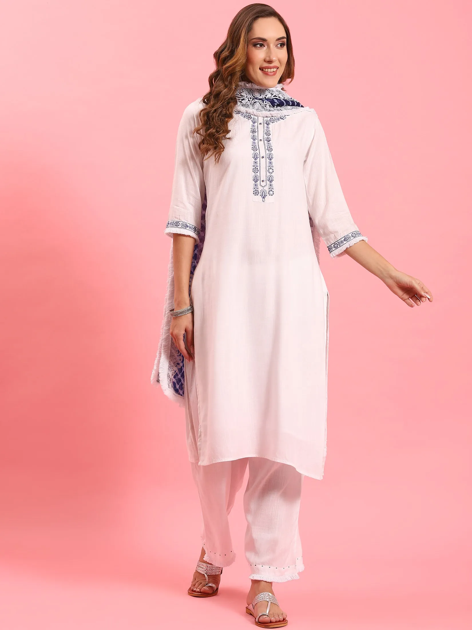 White Embroidered Kurta Comfort Pant Dupatta