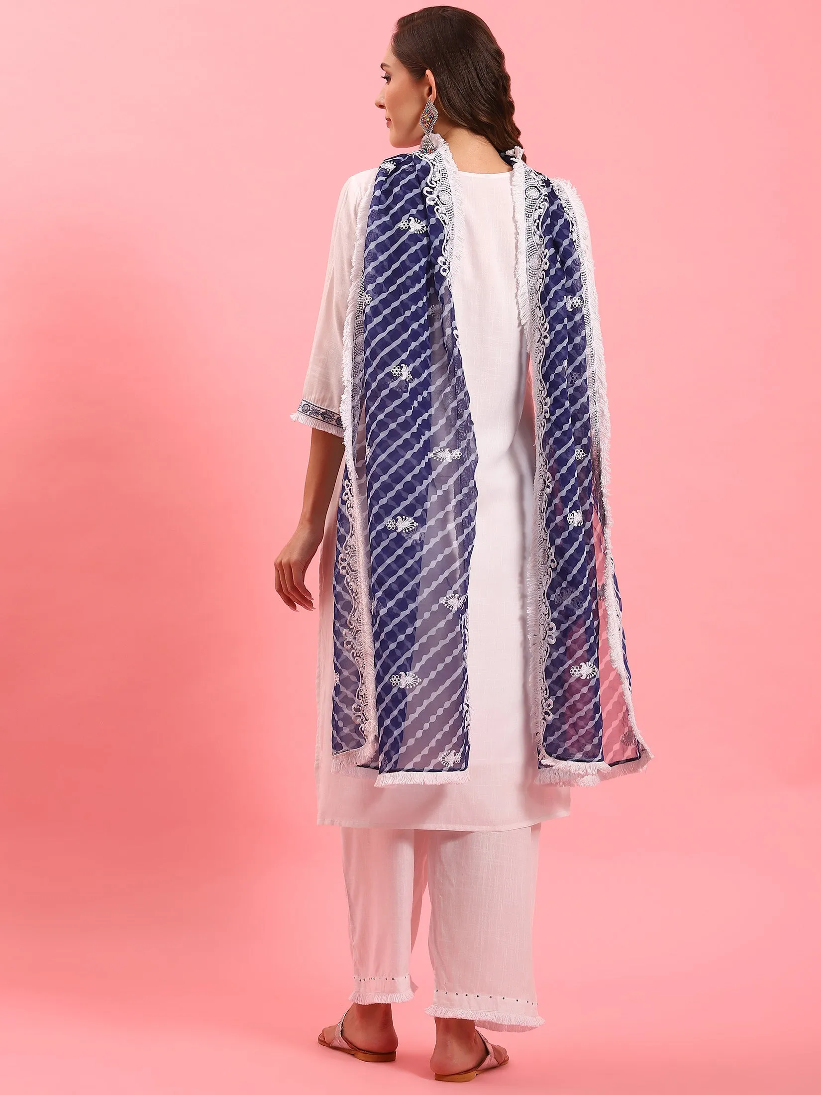 White Embroidered Kurta Comfort Pant Dupatta