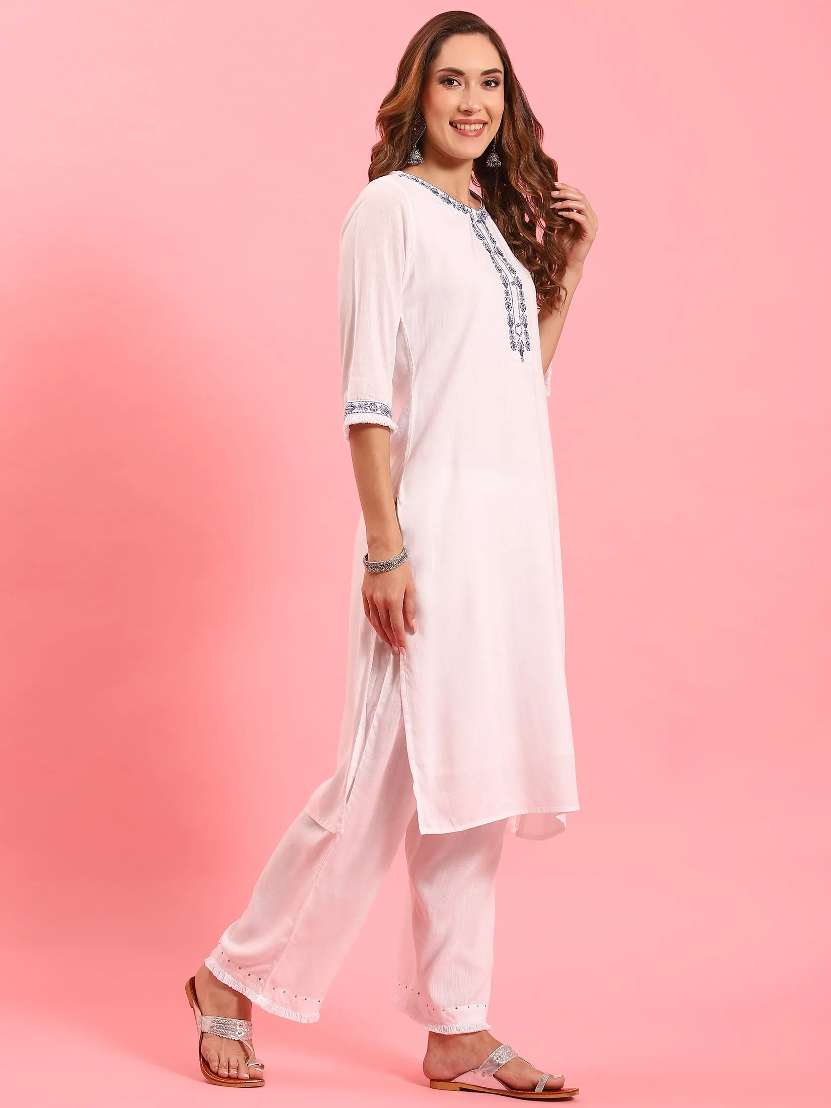 White Embroidered Kurta Comfort Pant Dupatta