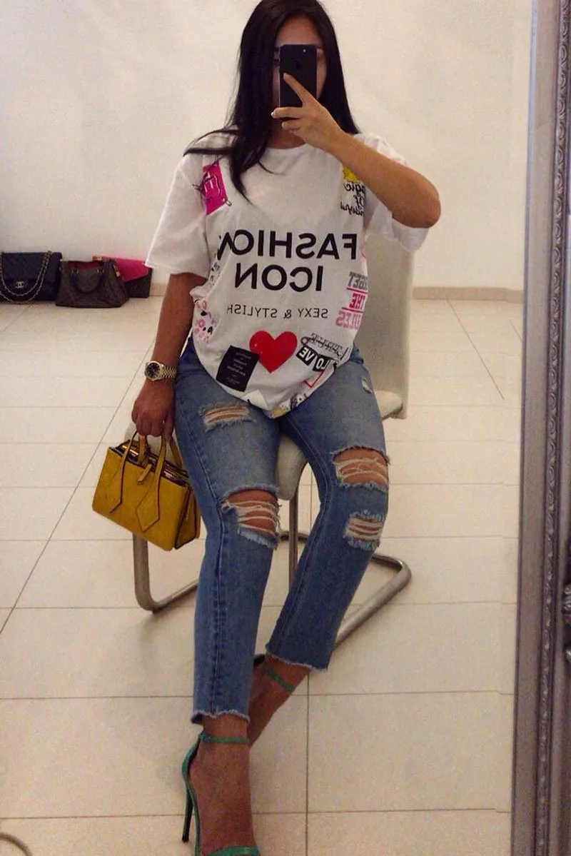 White Fashion Icon Slogan Print T-Shirt - Raeonna