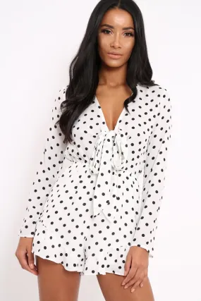 White Polka Dot Tie Front Playsuit - Jem