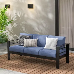 Wisteria Lane Patio Furniture Aluminum Sofa, All-Weather Outdoor 3 Seats Couch, Black Metal Chair with Blue Cushions