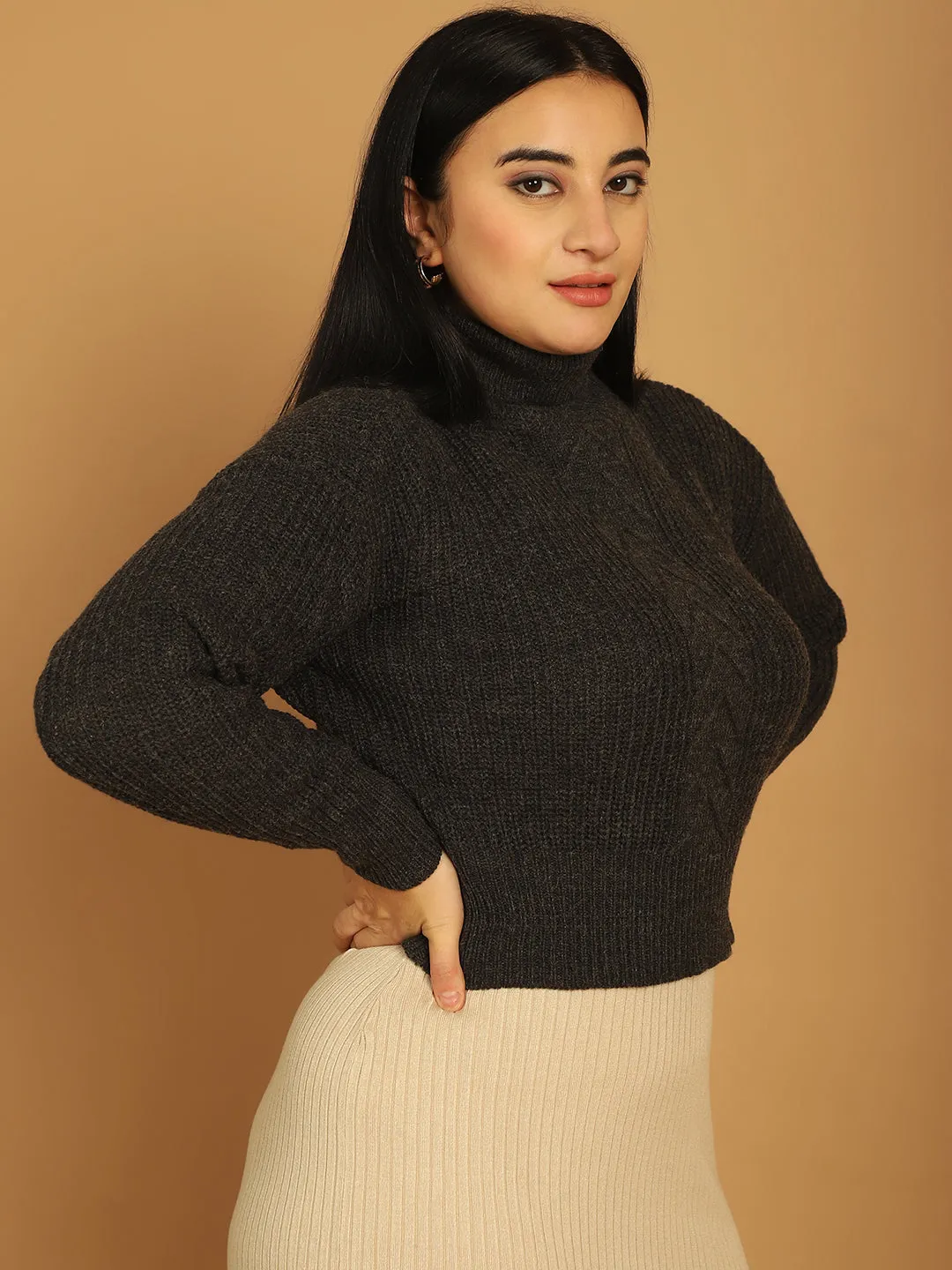 Women Grey High Neck Sweater