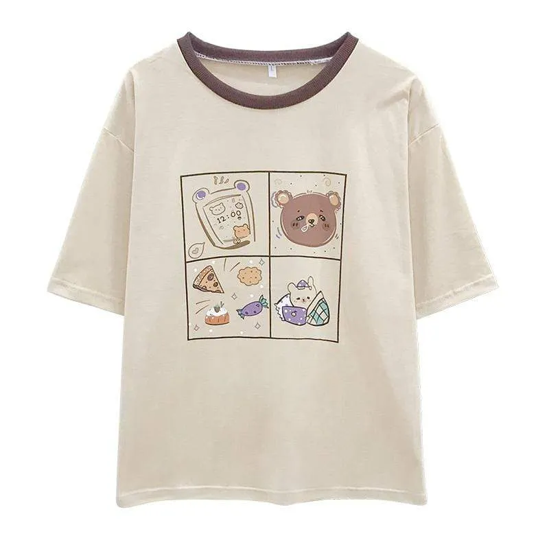 Women's Cute Cartoon Printed Contrast Color T-shirts