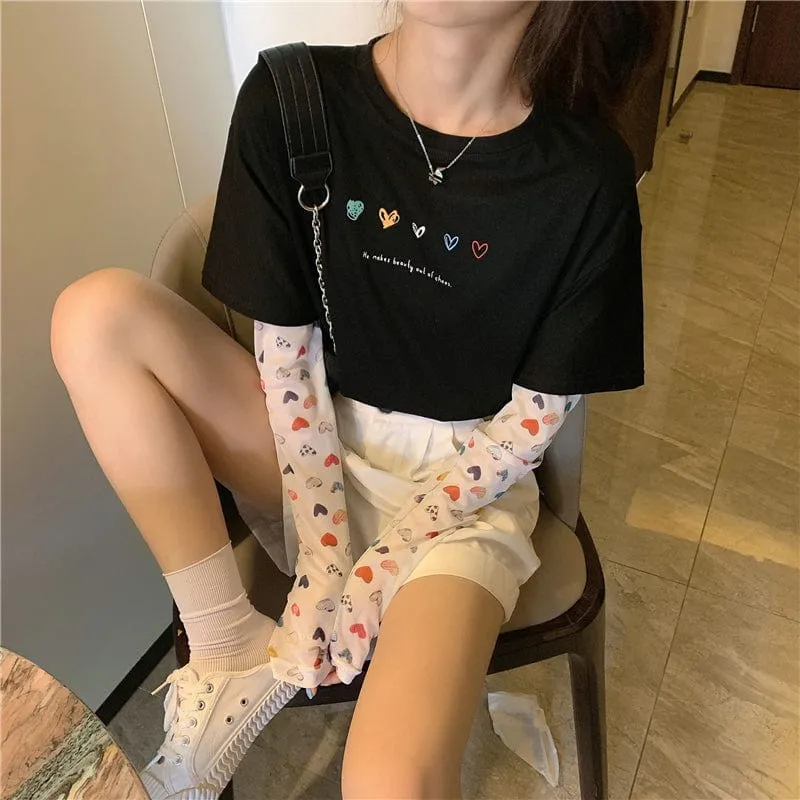 Women's Cute Heart Printed Mock Two-piece T-shirt