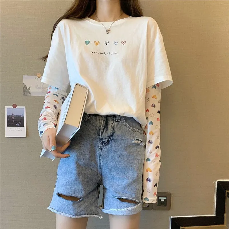 Women's Cute Heart Printed Mock Two-piece T-shirt